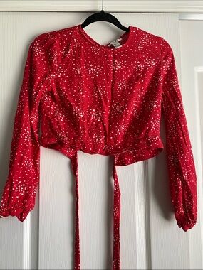 Forever 21 Red Speckled Tie-Waist Long-Sleeve Crop Top
